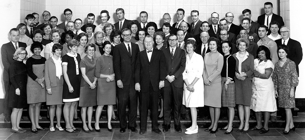 First faculty and staff photo including Dean Hilmar Krueger (center front), taken in 1967