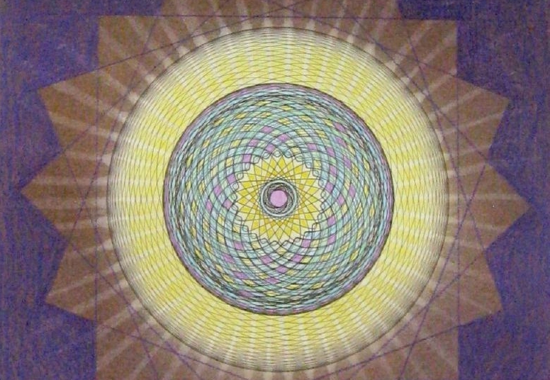 Artwork from exhibit, purple and yellow design