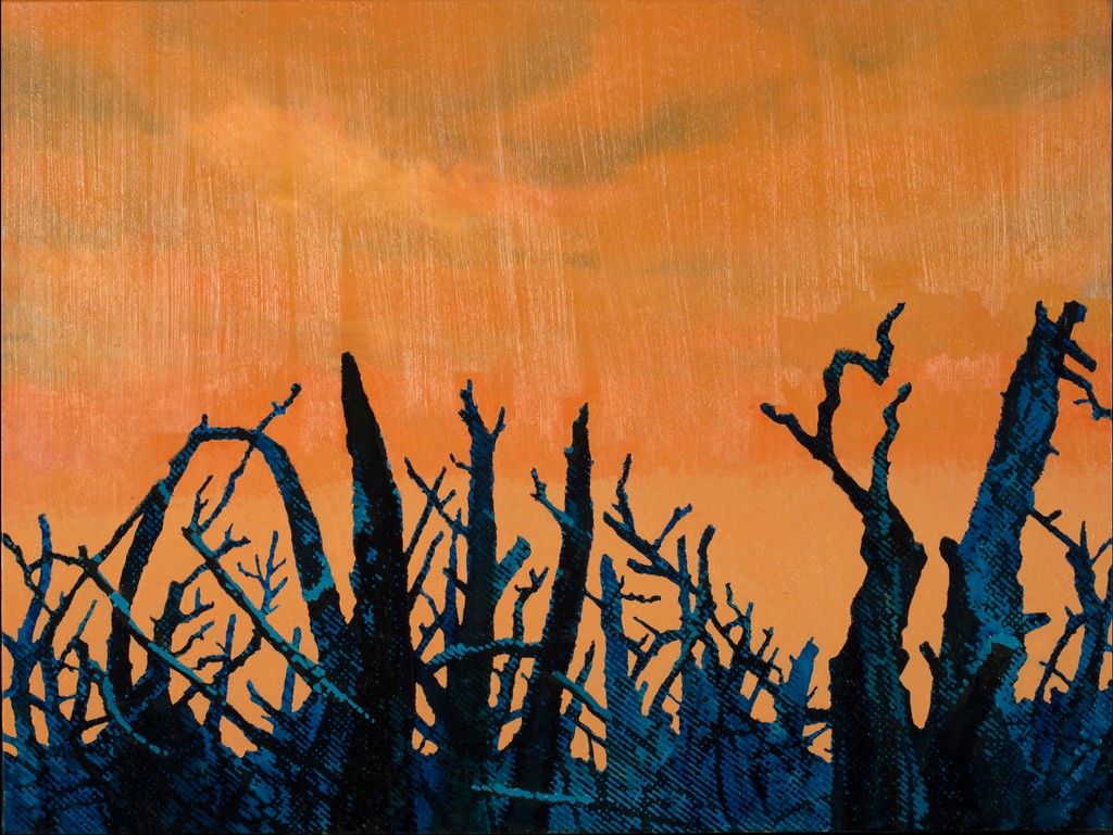 Work in the exhibit - dark figures with orange background