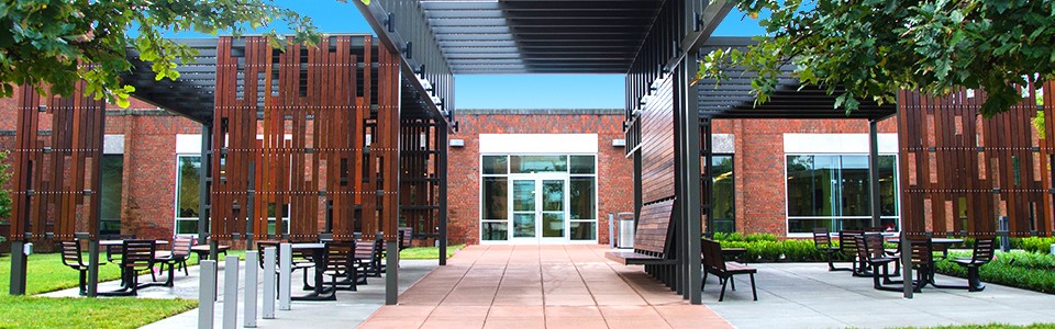 UC Blue Ash campus patio in spring