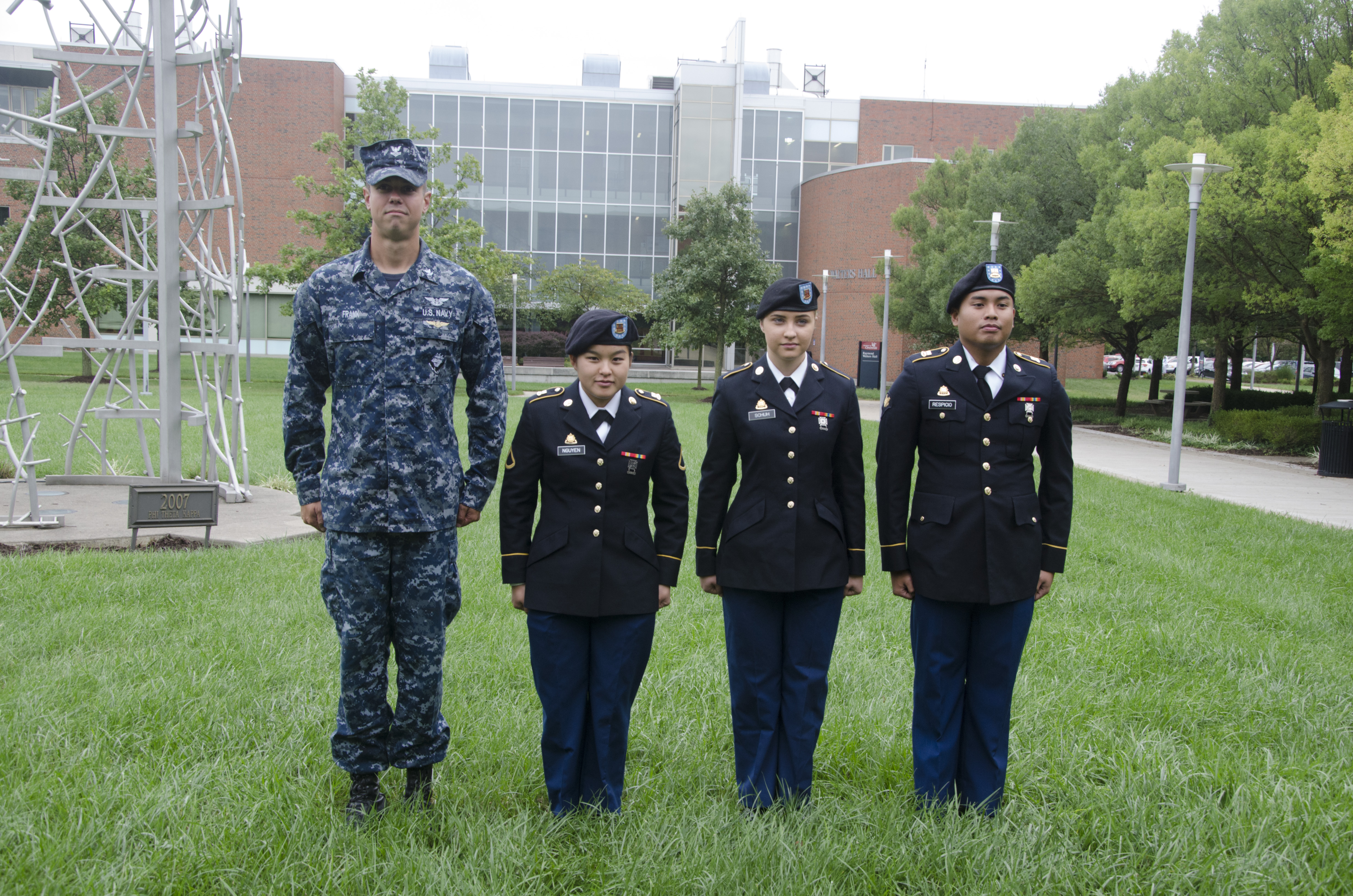 Student veterans in uniform on campus