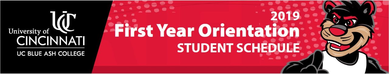 UC Blue Ash College 2019 First-Year Orientation Schedule with bearcat mascot