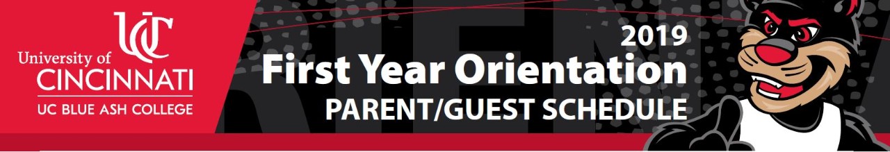 UC Blue Ash College First-Year Orientation parent and guest schedule with bearcat mascot